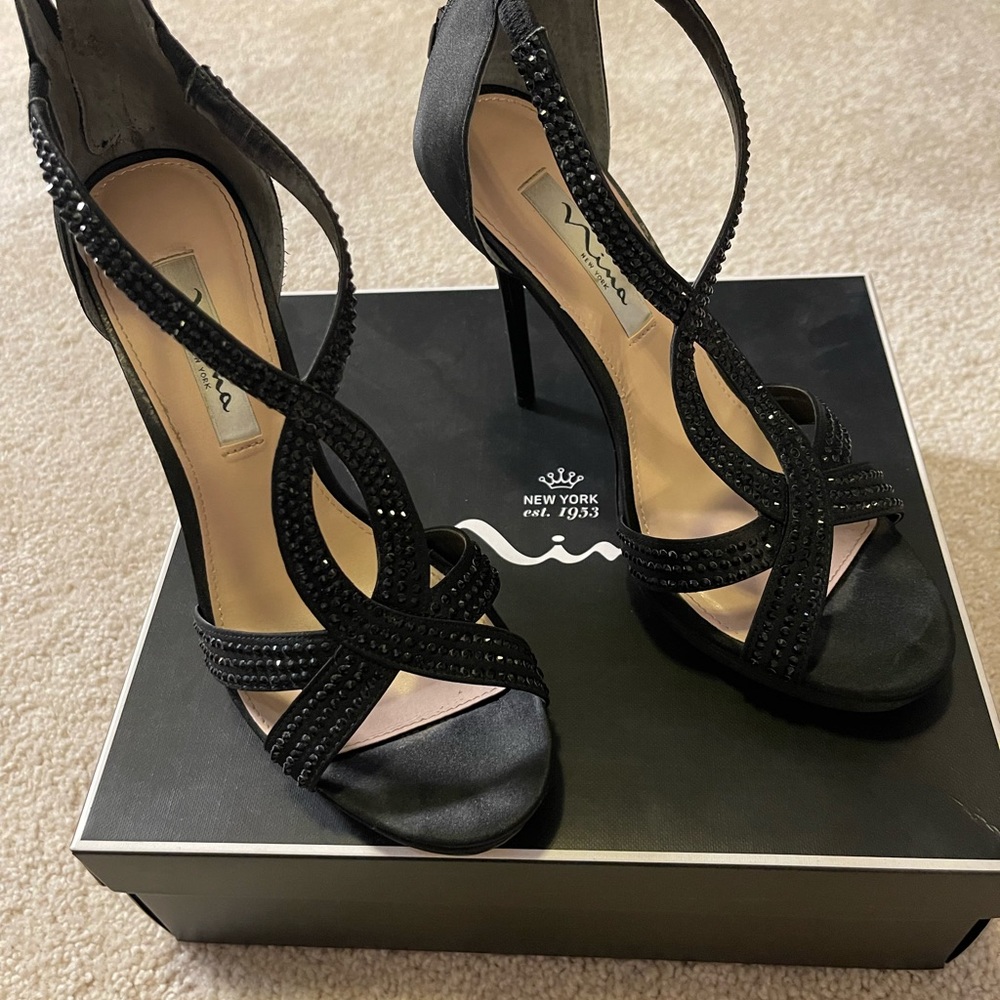 Nina Black sequin studded satin stiletto heels with a zipper in the back